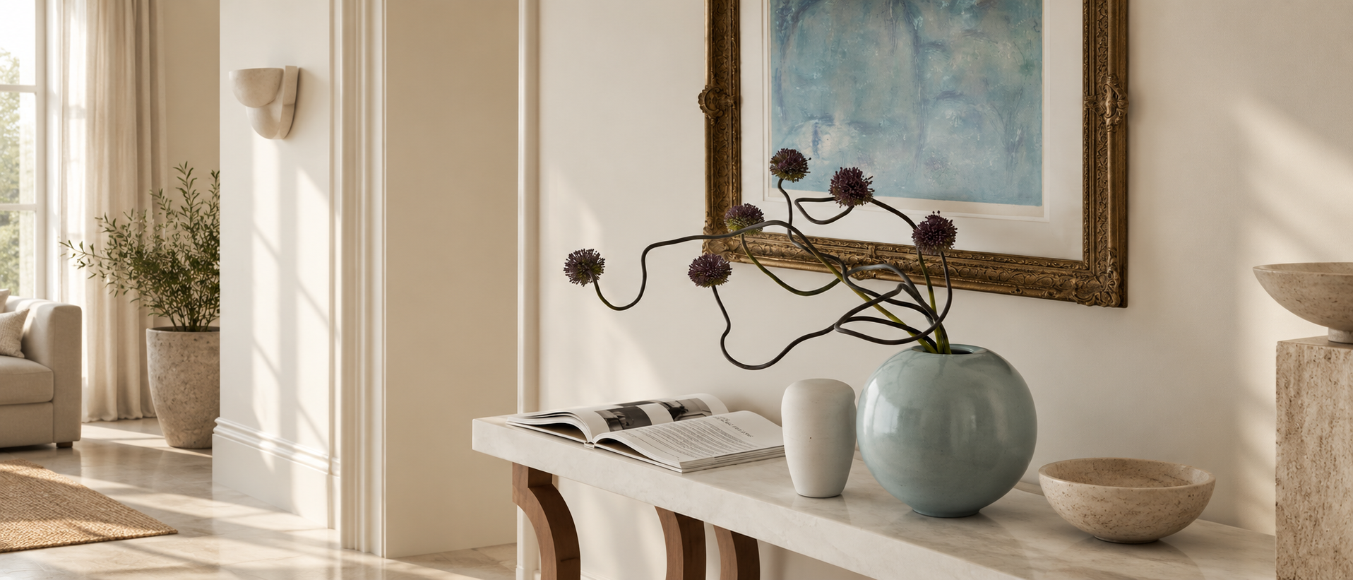 Refined decorative objects styled in an everyday living space
