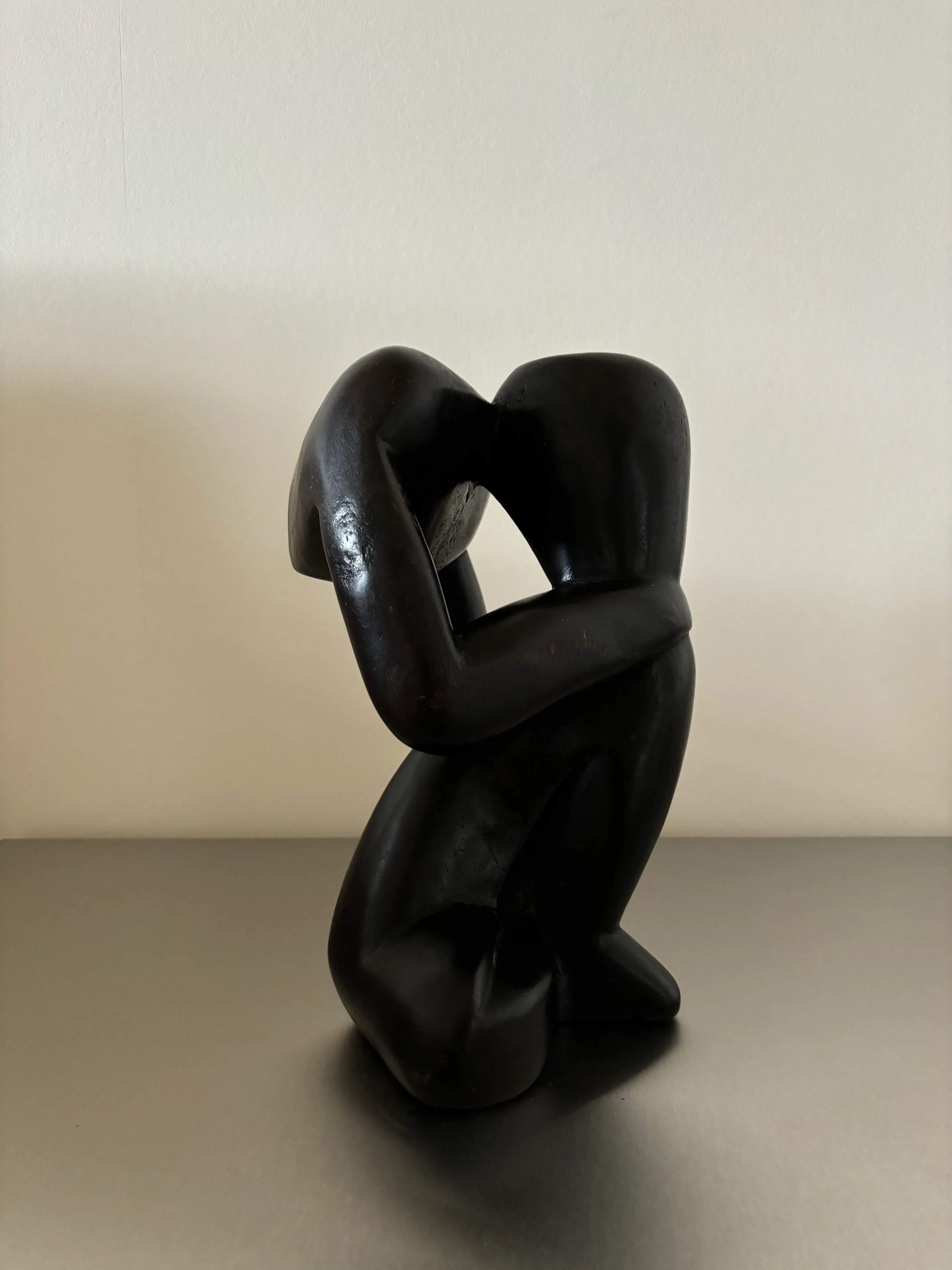 Black Wooden Thinker Sculpture - Image 2