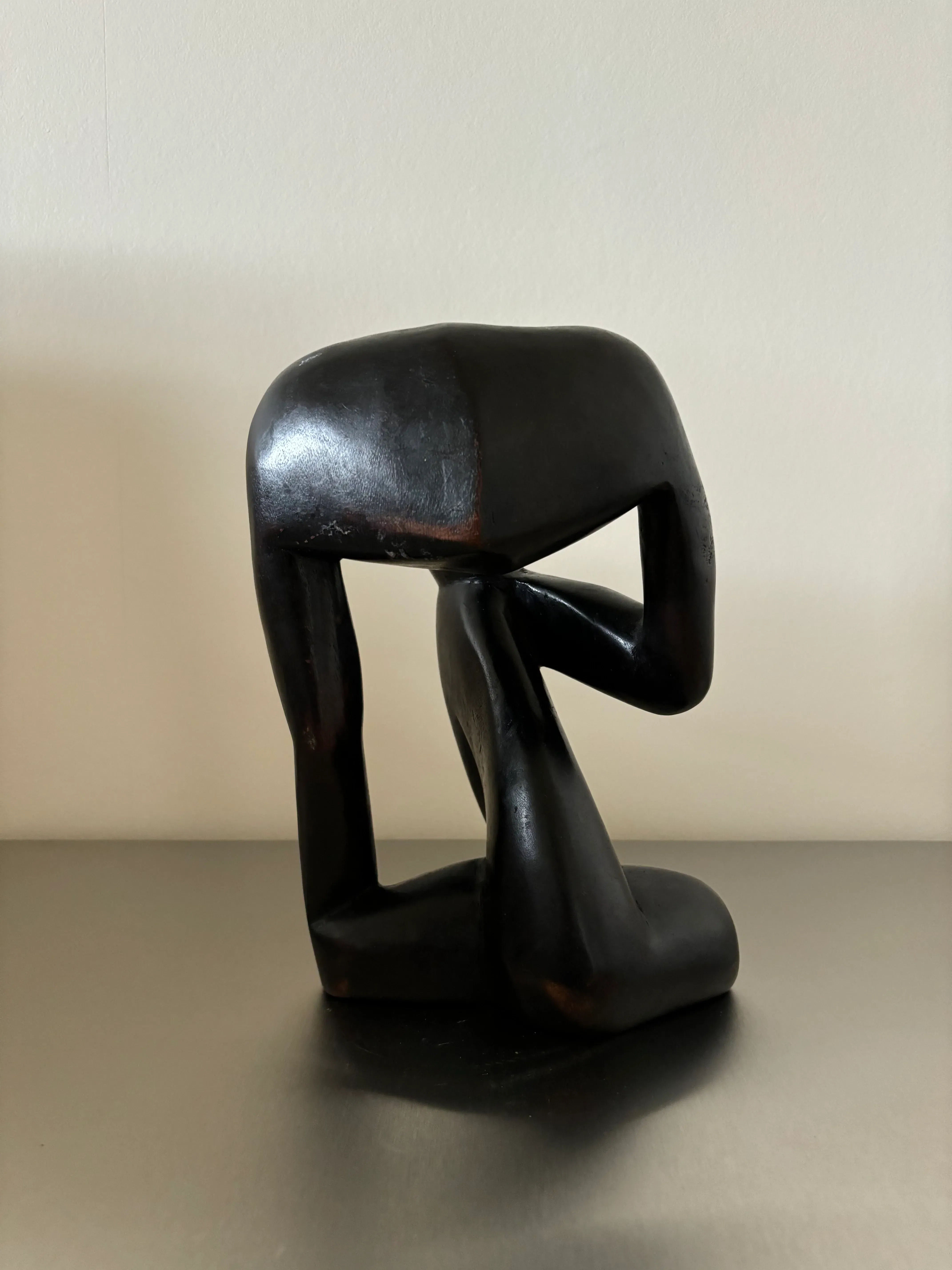 Black Wooden Thinker Sculpture - Image 3