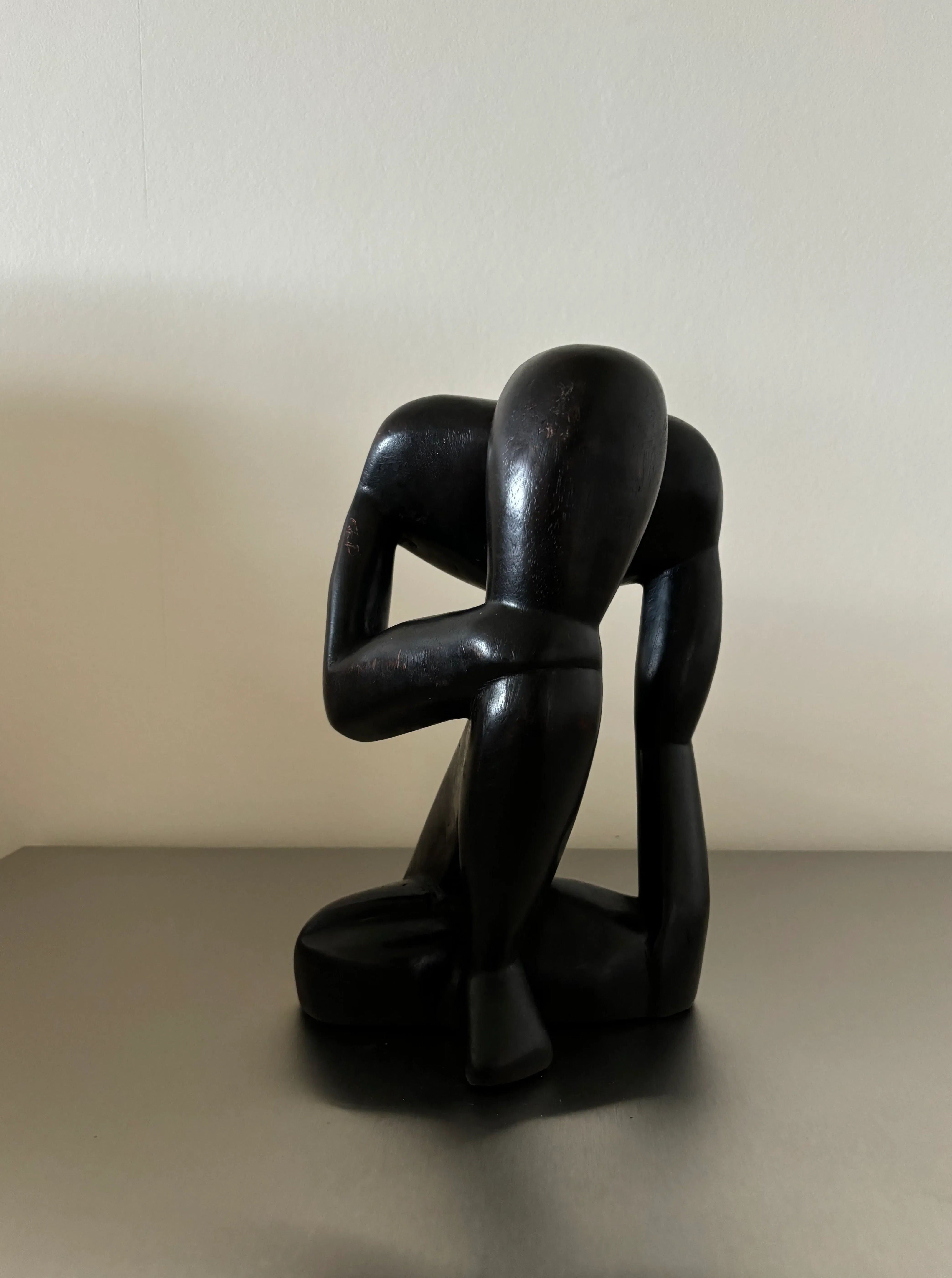 Black Wooden Thinker Sculpture