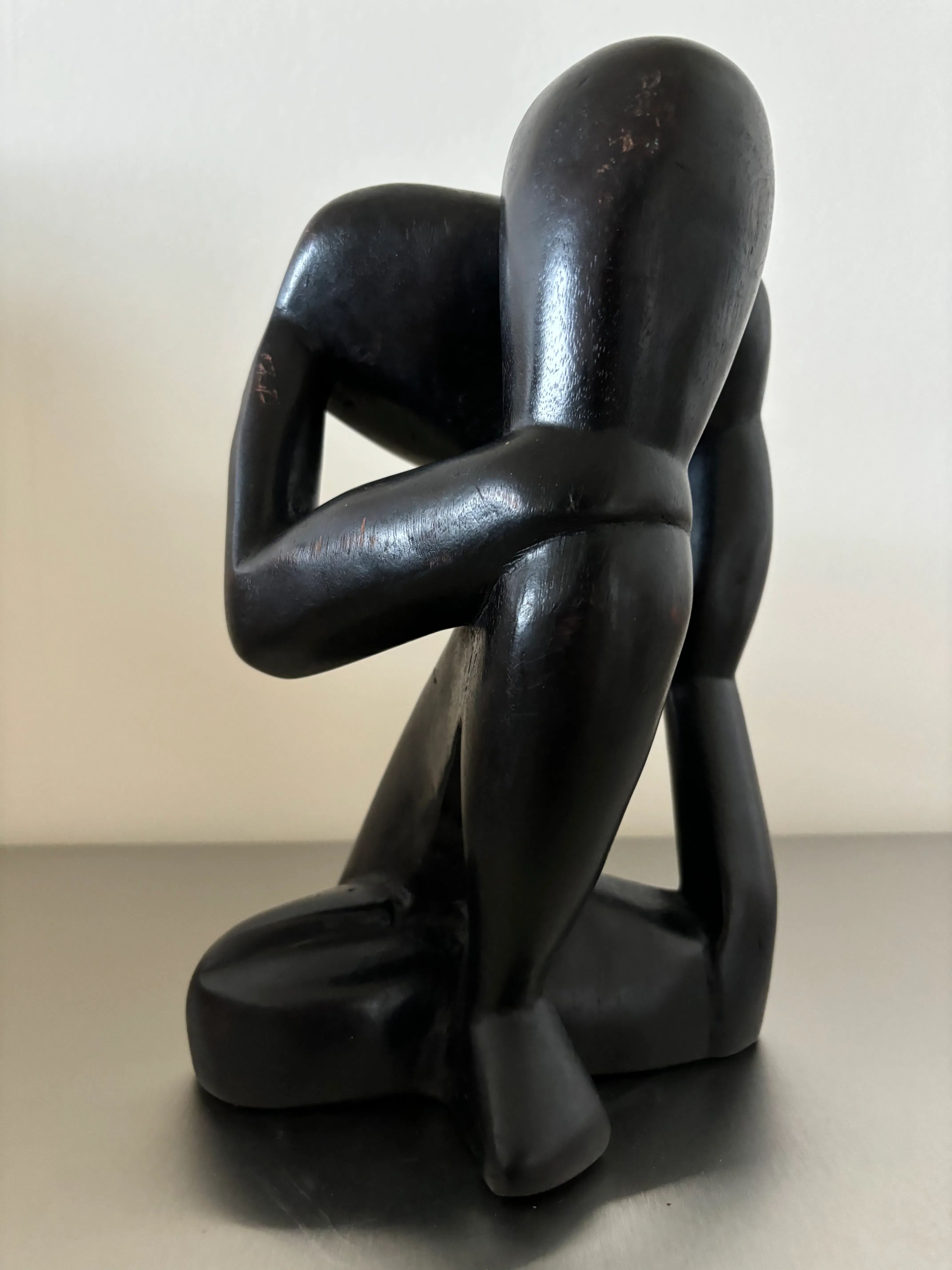 Black Wooden Thinker Sculpture - Image 6