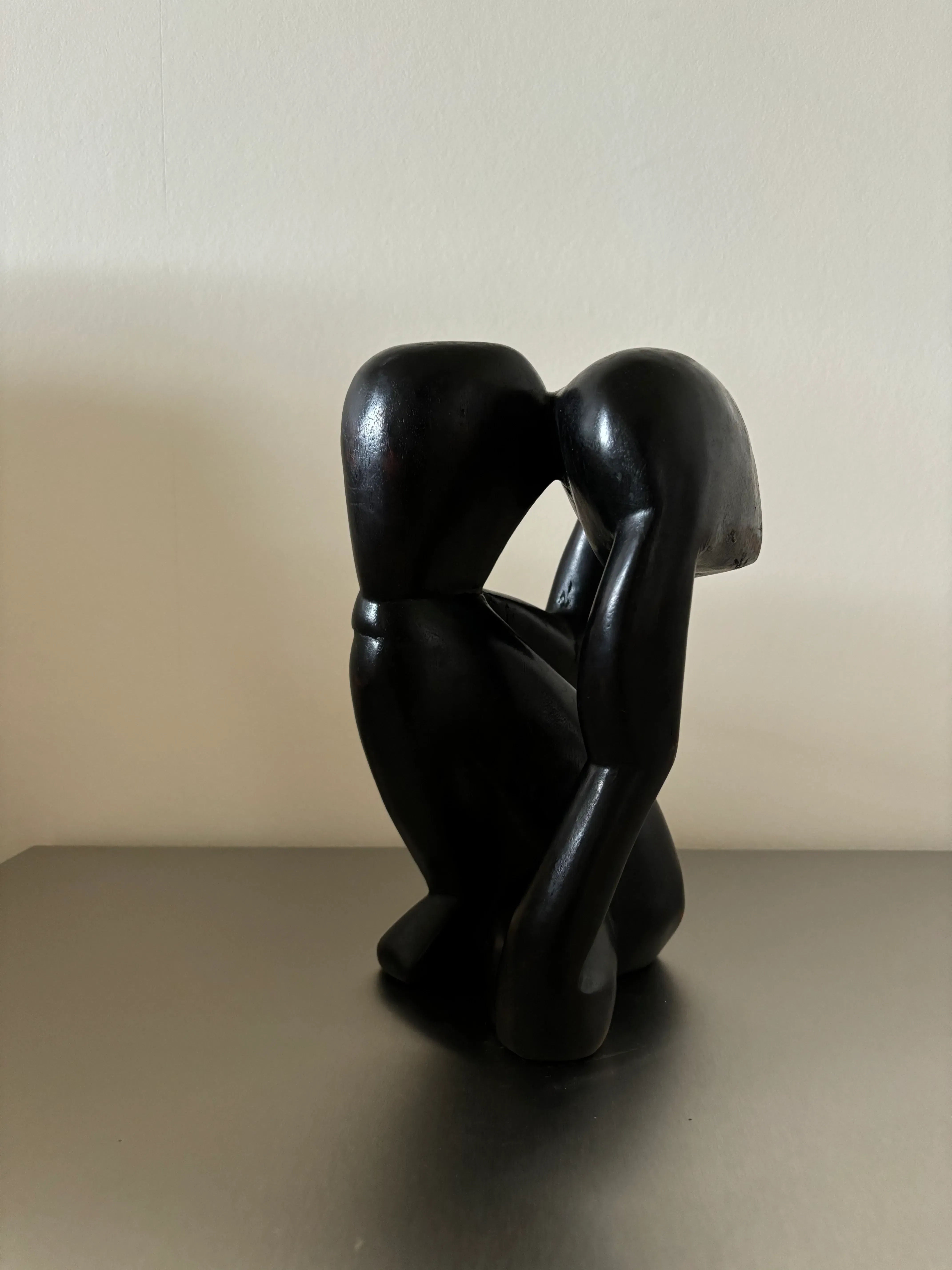 Black Wooden Thinker Sculpture - Image 4