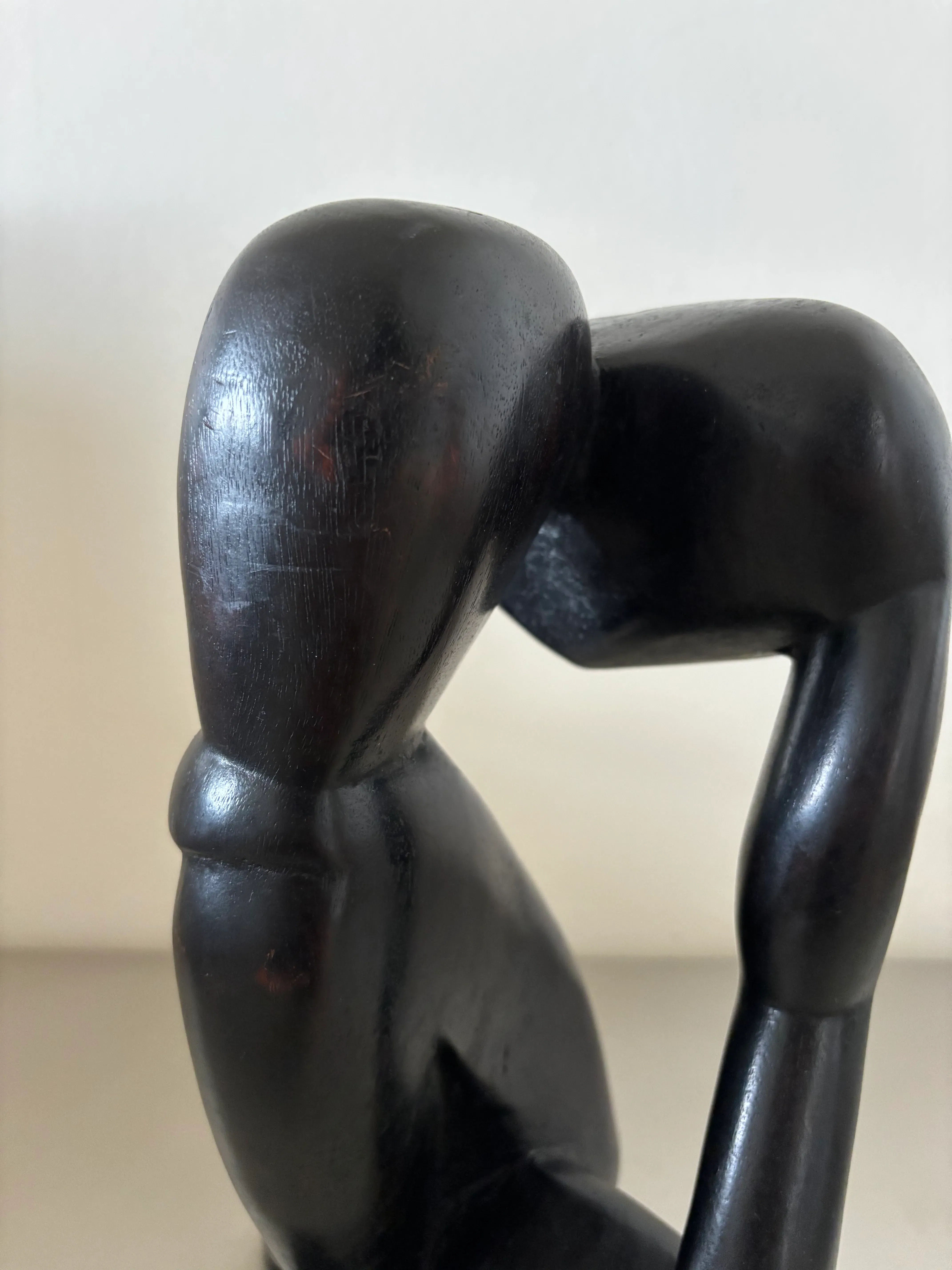 Black Wooden Thinker Sculpture - Image 5